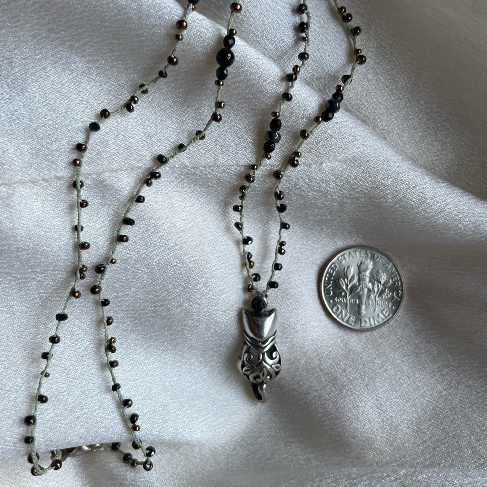 Crochet beaded necklace with 925 Sterling silver cat pendant